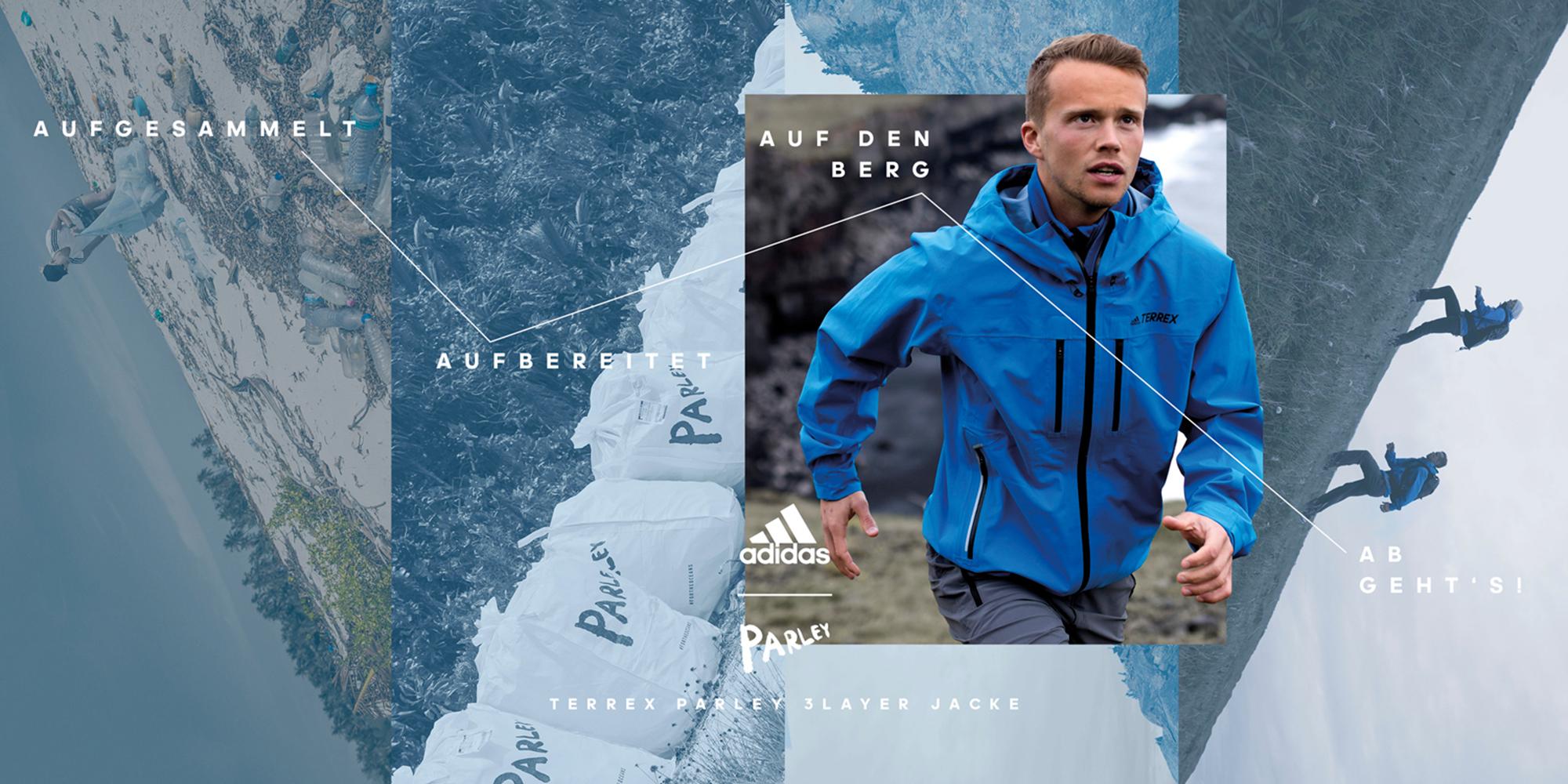 Läufer in adidas Terrex Outfit auf felsigem Terrain, Bild verschmilzt mit Parley Ocean Plastic Hintergrund.
