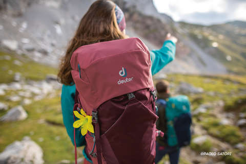 Eine Wandrerin mit Rucksack auf dem Rücken zeigt den Weg