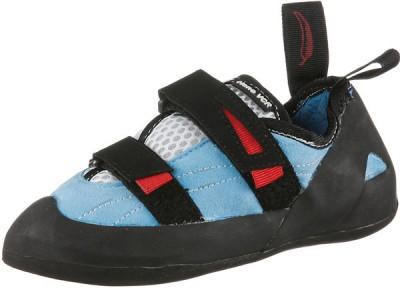 Red Chili Durango Nano für Kinder. Boulderschuhe in blau-rot vor weißem Grund.