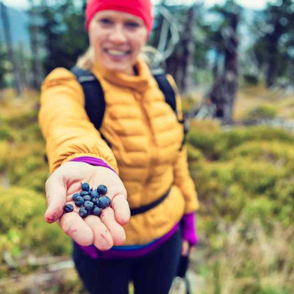 Eine Frau h&auml;lt eine Handvoll Beeren in Richtung Kamera.