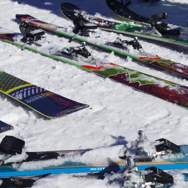 Verschieden Tourenskier Modelle nebeneinander im Schnee.