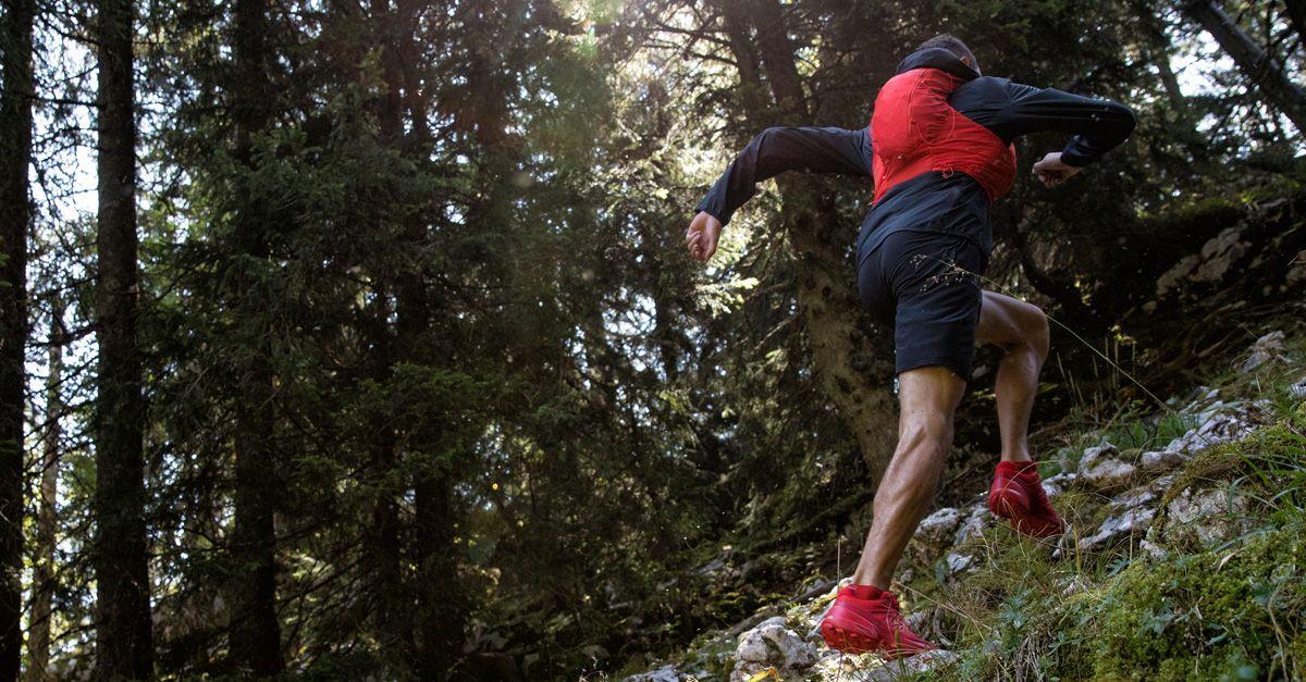 Ein Mann l&auml;uft mit Trailrunning Schuhen von Salomon einen steilen Trail im Wald hinauf