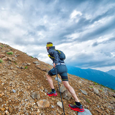 Ein Trailrunner läuft mit Trailrunning Stöcken in der Hand eine Bergwiese hinauf.