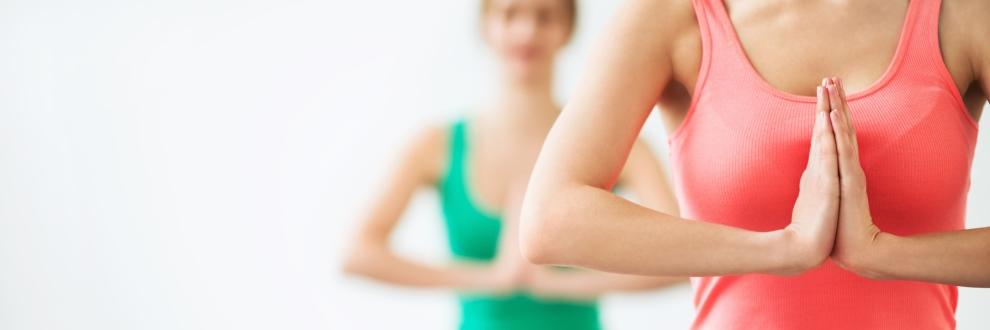 2 Frauenoberk&ouml;rper - Die H&auml;nde sind vor der Brust aneinander zum Gru&szlig; gefaltet.