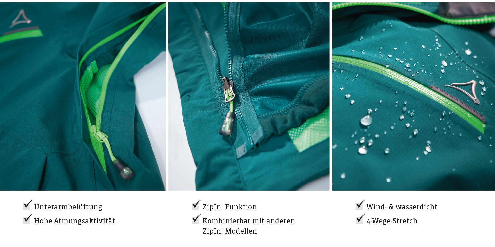 Grafische Darstellung der Schöffel Jackensystem ZipIn! Funktionalitäten.