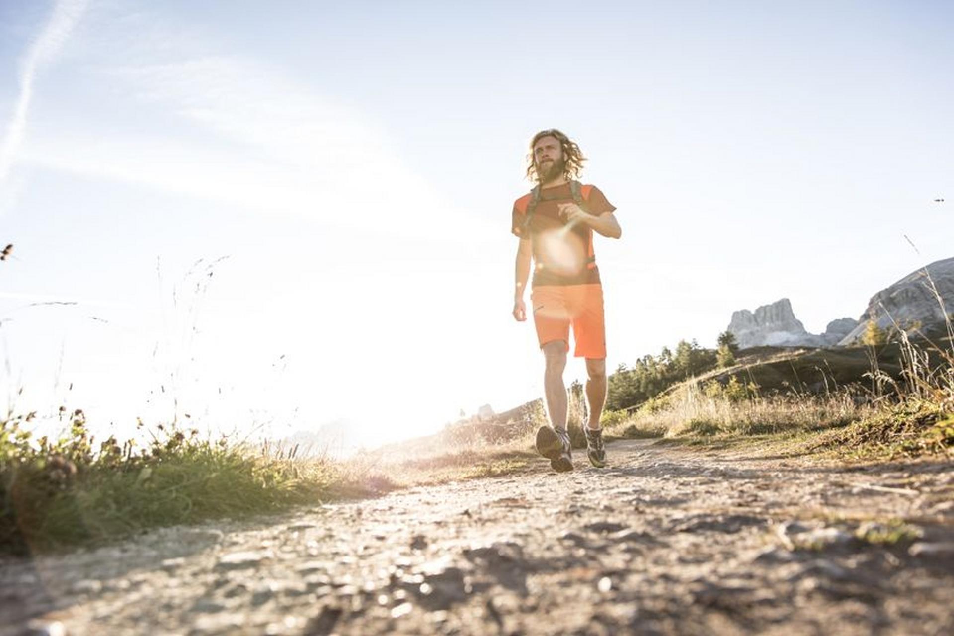 Ein Wanderer spatziert einen Feldweg entlang. Die Sonne im R&uuml;cken.