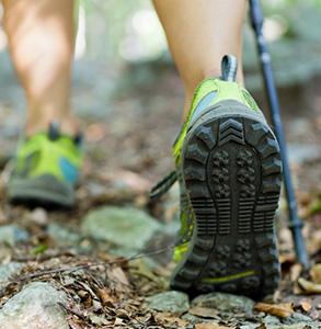 "Nordic Walking Schuhe im Einsatz auf einem Waldweg.