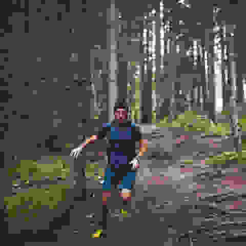 Ein Mann läuft im Wald bergab. 