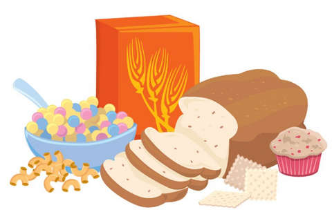 Zeichnung von einem Laib Brot, Frühstückscerialien und Haferflocken.
