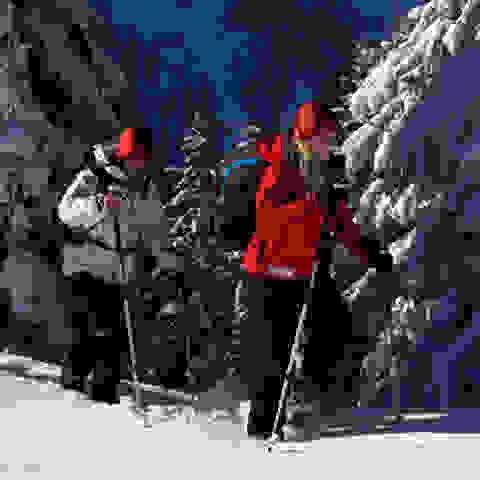 Eine Gruppe von Leuten bei einer Schneeschuhwanderung.